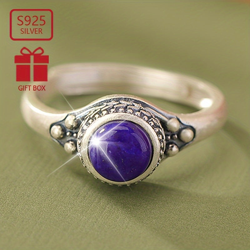 Approximately 3 grams of 925 Sterling Silver Blue Chalcedony Golden Stone Retro Wheat Pattern Round Ring, perfect for gifting to loved ones and suitable for everyday wear. Directed by Qing Anjing.