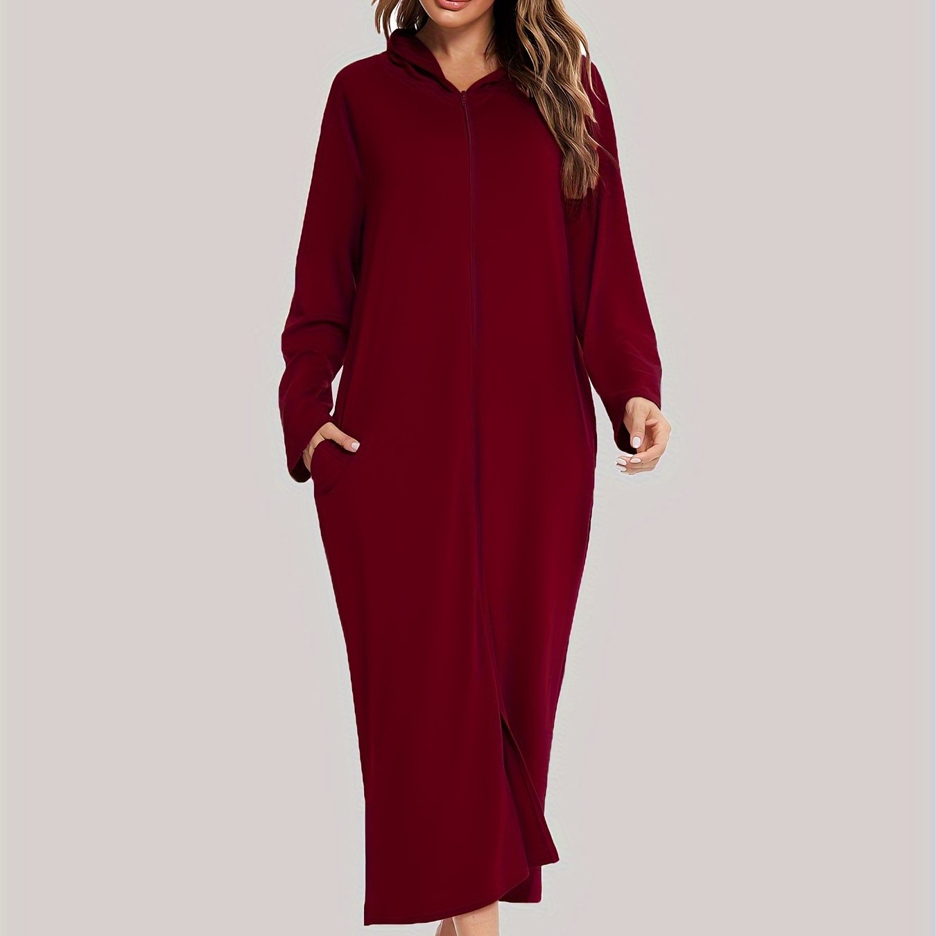 Comfortable zip-up lounge dresses with a hood, perfect for women's loungewear.