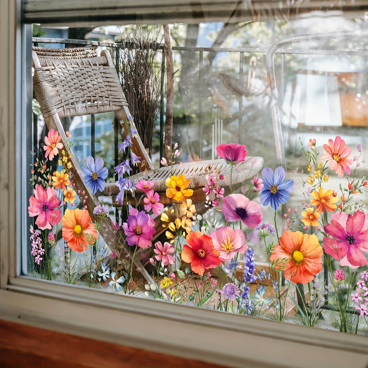 Double-sided static window decoration with colorful plant and flower design