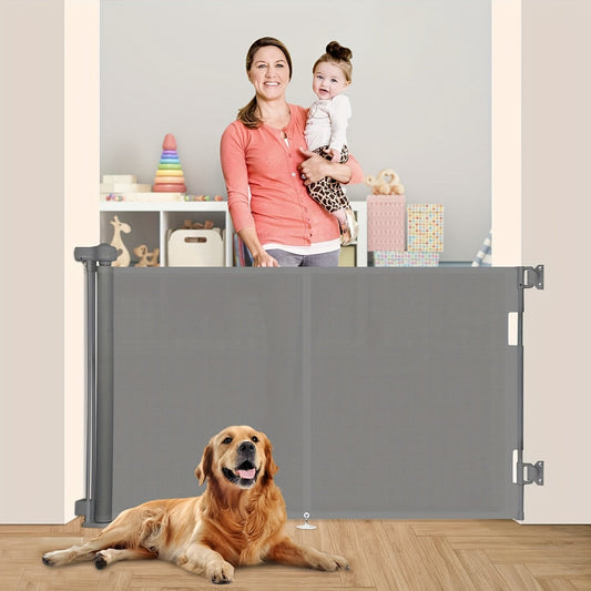 Get the 1pc Extra Wide Retractable Safety Gate for Children and Pets. It stands at 86.36cm tall and can expand up to 149.86cm wide. Made with durable polyester mesh, this gate doesn't require any assembly and can be easily mounted indoors or outdoors.