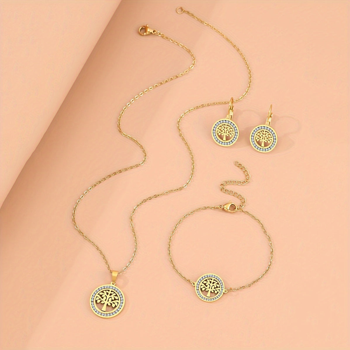 3-Piece Tree of Life Jewelry Set in Bohemian Style - 14K Gold Plated Copper with Synthetic Zirconia - Perfect for Parties and Weddings, Includes Necklace, Bracelet, and Earrings.