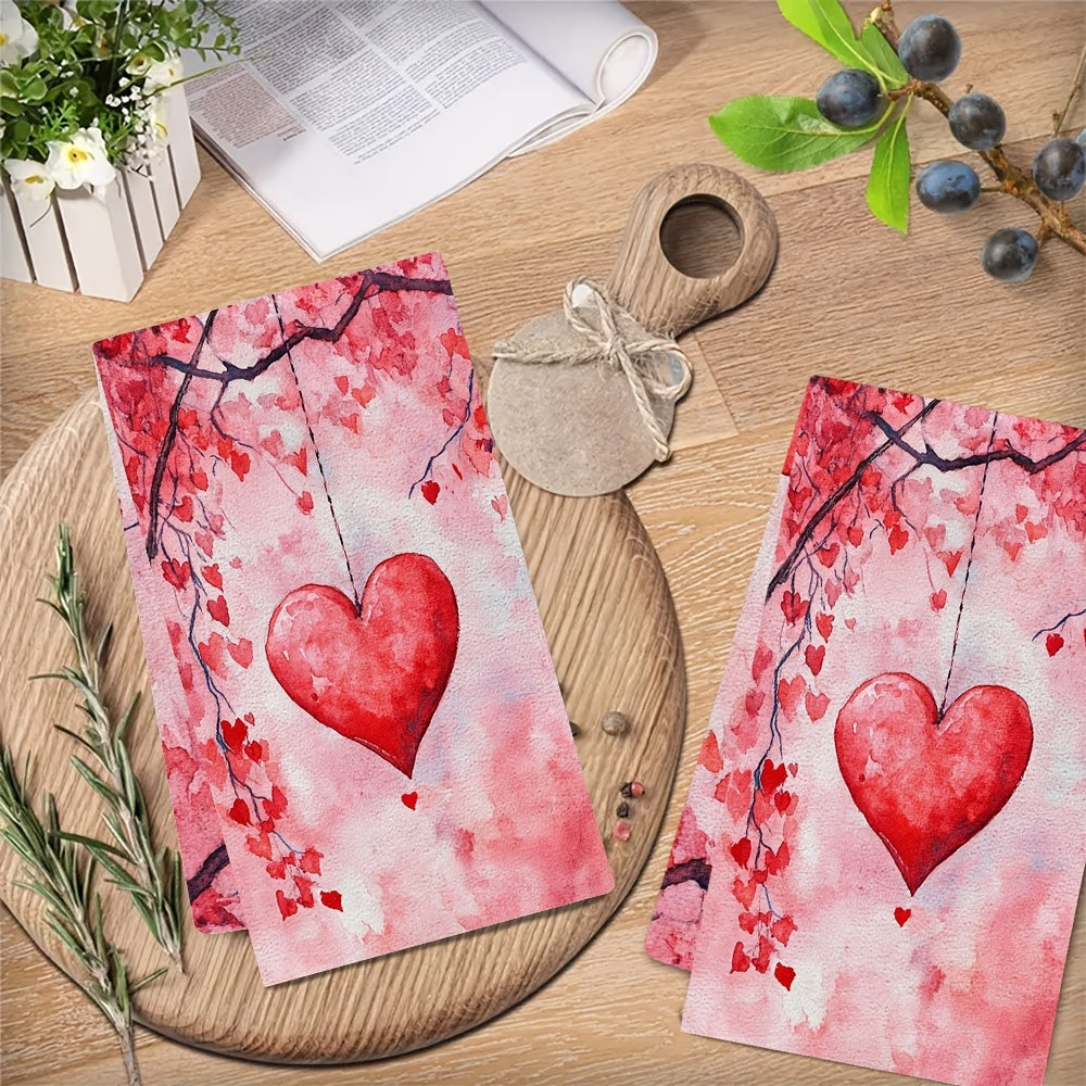 Set of 2 Ultra Soft Kitchen Towels featuring Valentine's Day Heart & Cherry Blossom Design. These towels are highly absorbent, machine washable, and measure 40.64x60.96 cm. Perfect for holiday decor and as dish hand towels.