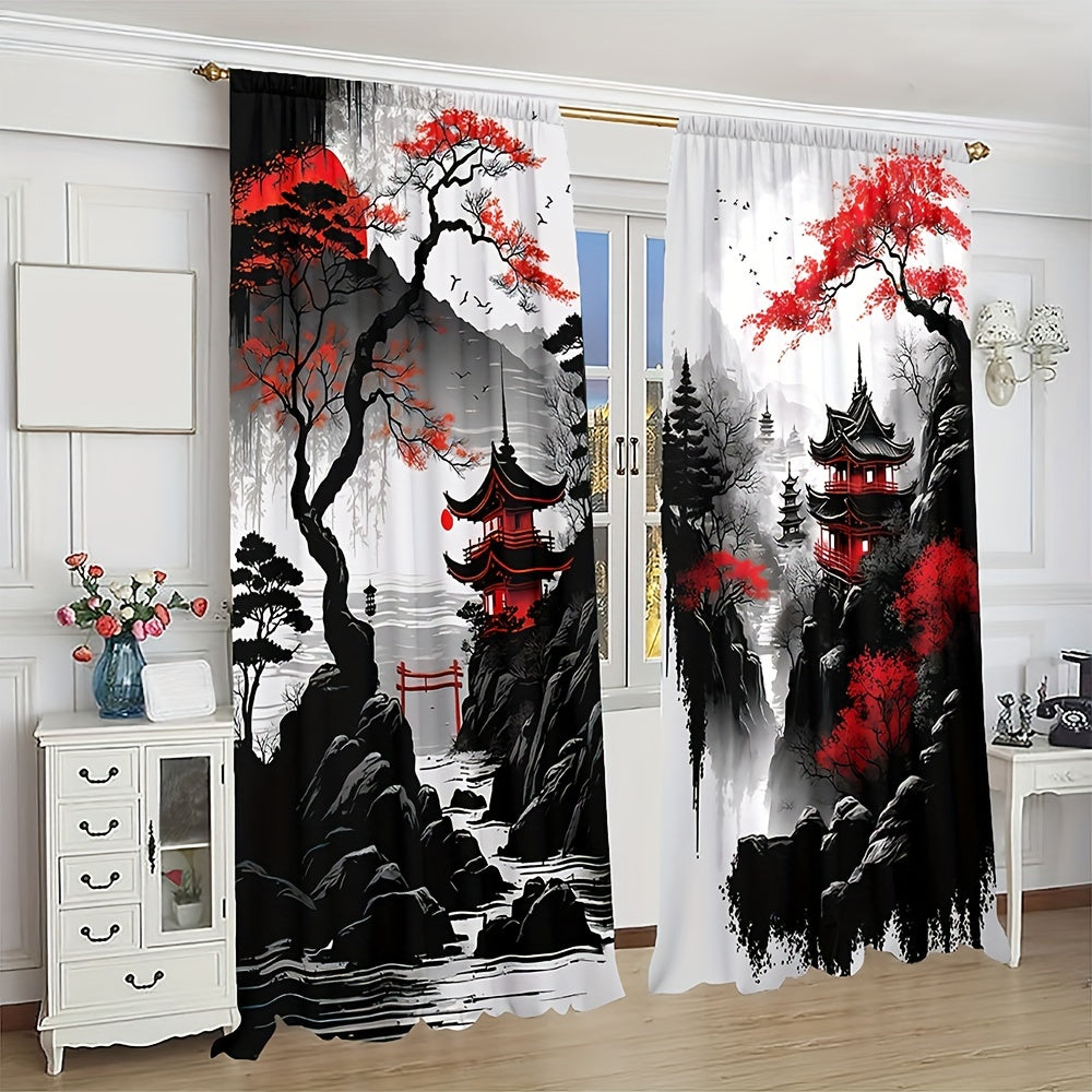 Set of 2 Japanese Mountain Ink Painting Print Curtains with Rod Pocket Mount, Made from Polyester Material, Perfect for Living Room, Kitchen, Bedroom, Study, and Home Decor, Featuring Digital Printing Technology