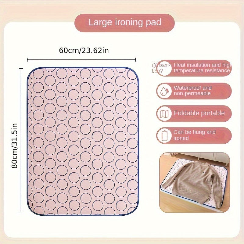 The QUNTEEN Portable Ironing Mat offers 6-layer thickened protection for high temperature and moisture resistance. It is non-slip, foldable, and compact for both travel and home use. No electricity is required for use.