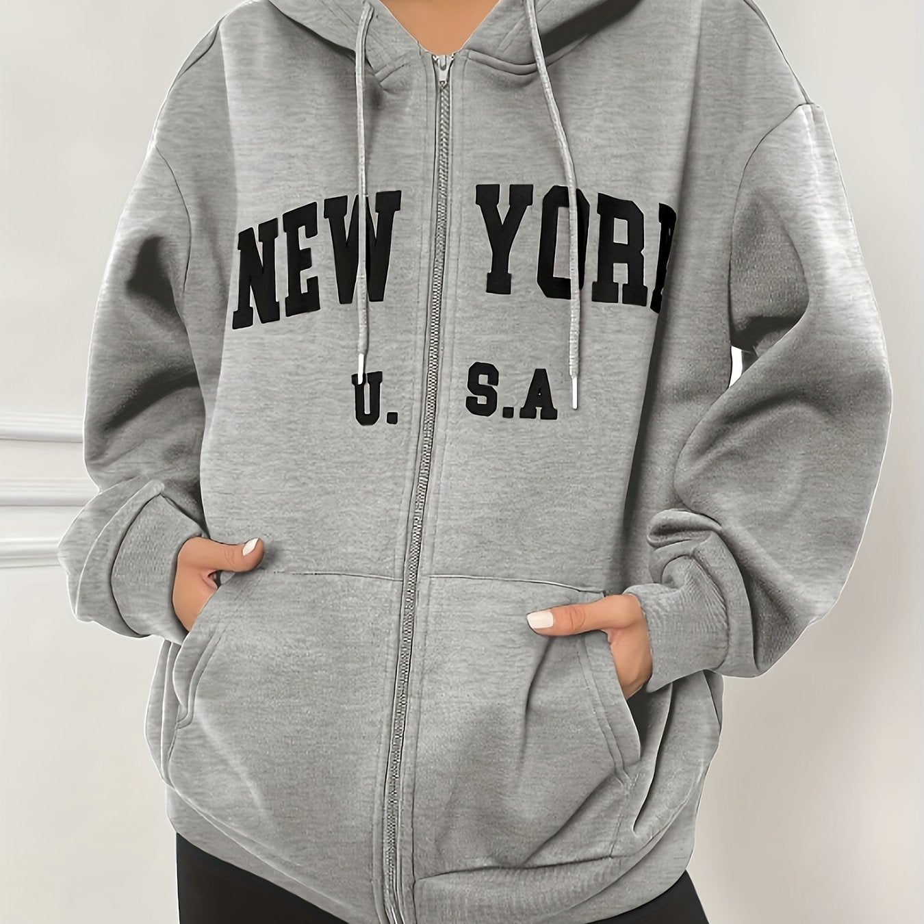 NEW YORK Print Zip Front Hoodie with Kangaroo Pocket