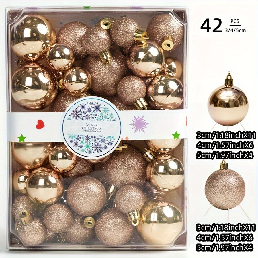 42-pack of golden glitter Christmas ornaments, plastic festive tree decorations for holiday decoration, battery-free party supplies.