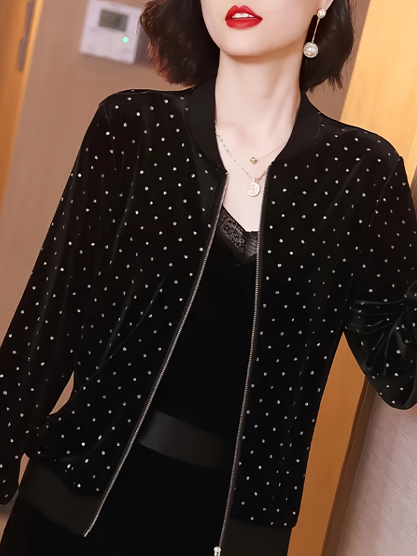 Lightweight women's bomber jacket with rhinestone dot design, zip-up, long sleeve, sun protection for Spring & Fall.