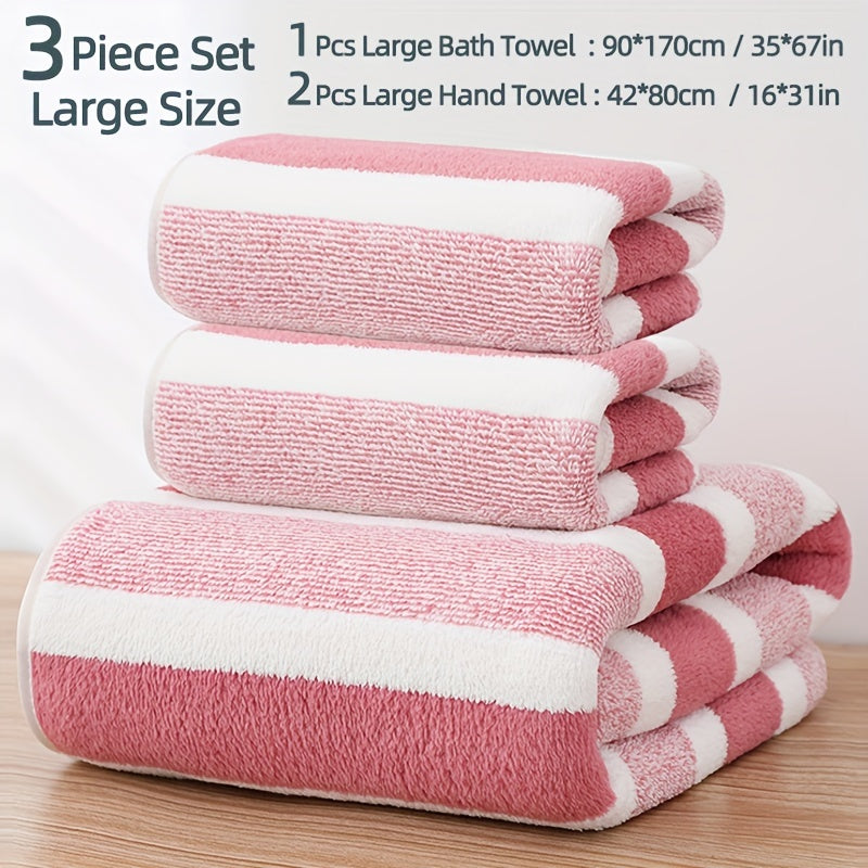 3-piece striped towel set includes 1 bath towel and 2 hand towels. Soft, absorbent, and quick-drying for the bathroom.