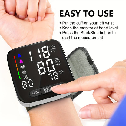 Adult home wrist sphygmomanometer with large backlit display, arrhythmia detector, and memory readings.