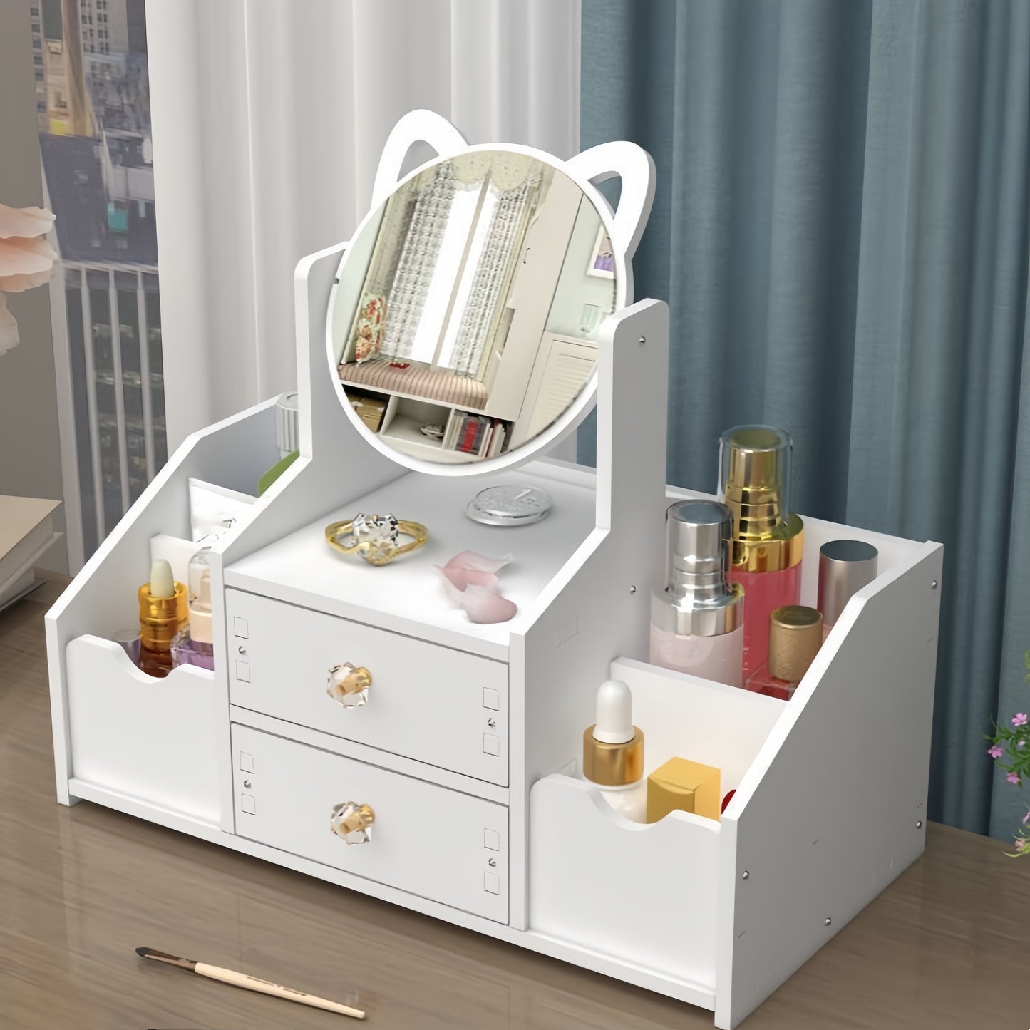 Countertop makeup organizer with mirror, drawer, and floral design for skincare products, iPhone holder, and lightweight use without electricity.