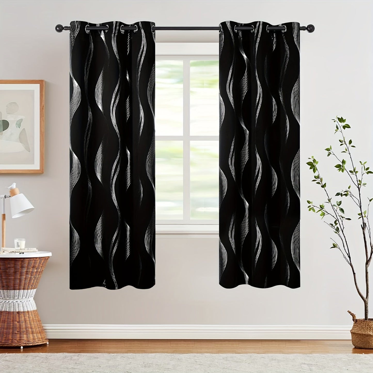 Two pieces of contemporary blackout curtains made from high-quality woven polyester, featuring a grommet top design for easy hanging. These room darkening drapes are machine washable and showcase a fantasy stripe pattern with eyelet detailing. Suitable