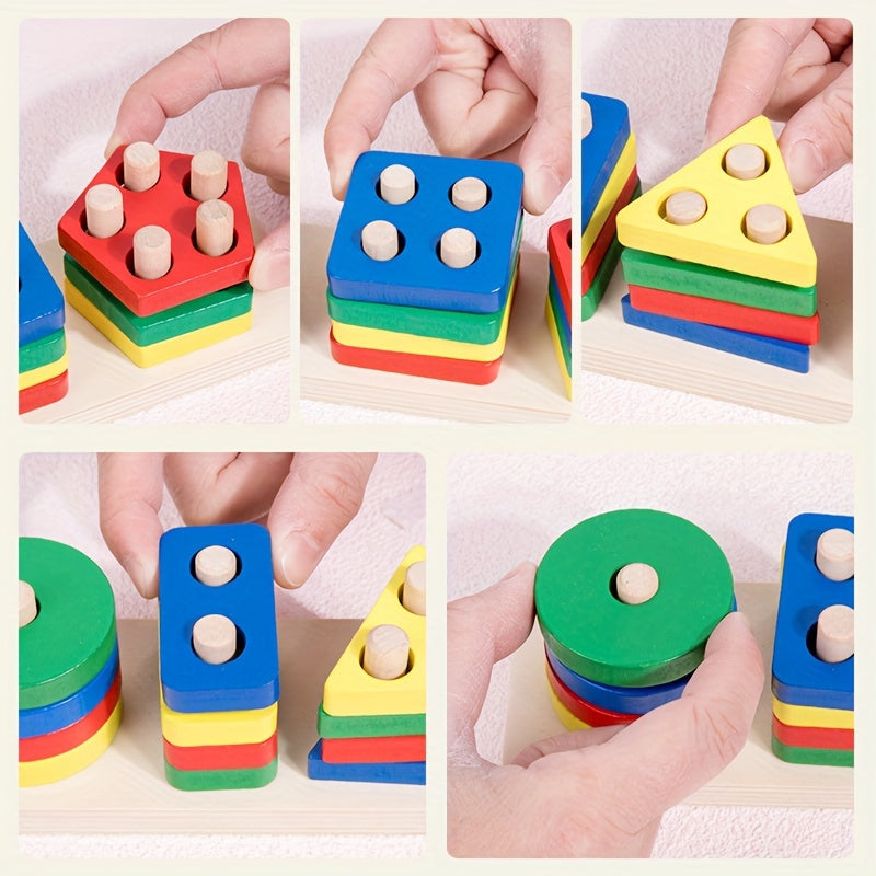 Educational wooden puzzle toy with colorful blocks for shape recognition and cognitive development.