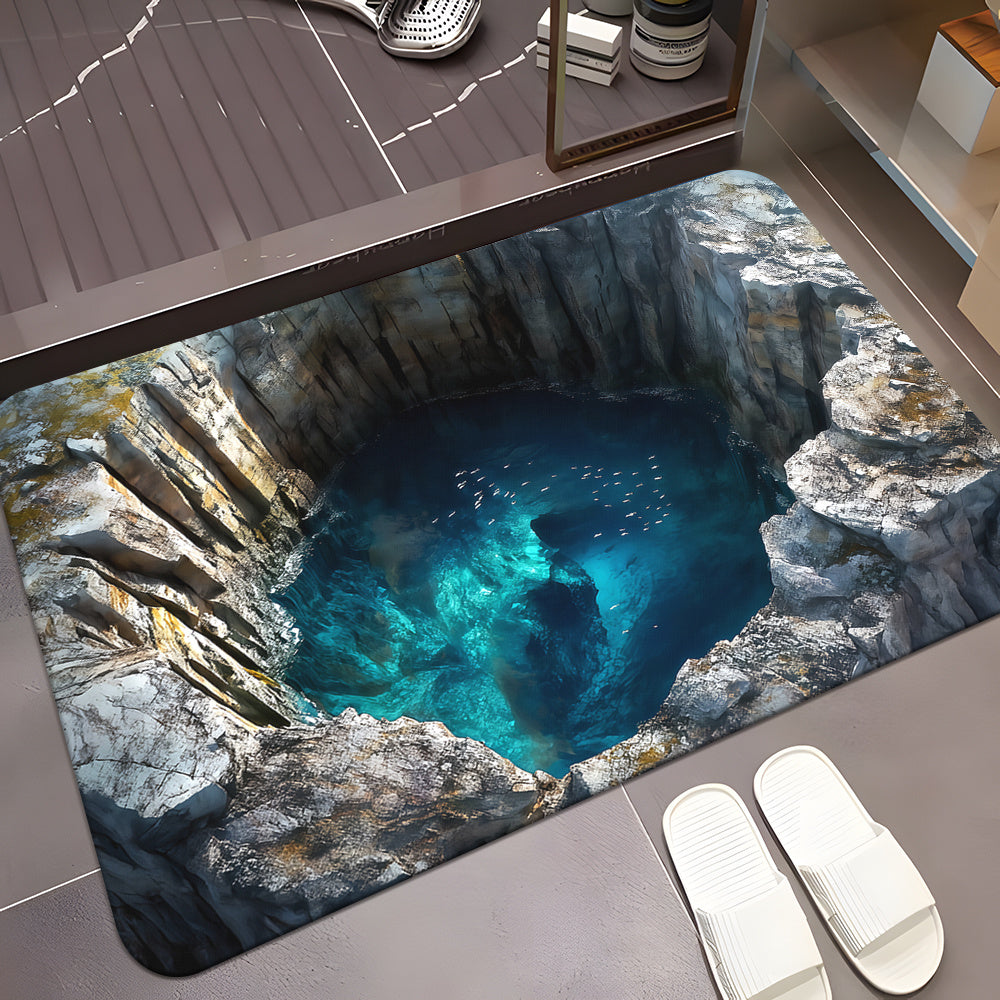 High definition 3D visual effect door mat made of non-slip, machine washable polyester. Absorbent microfiber material ideal for bedroom, living room, and bathroom. Suitable for camping