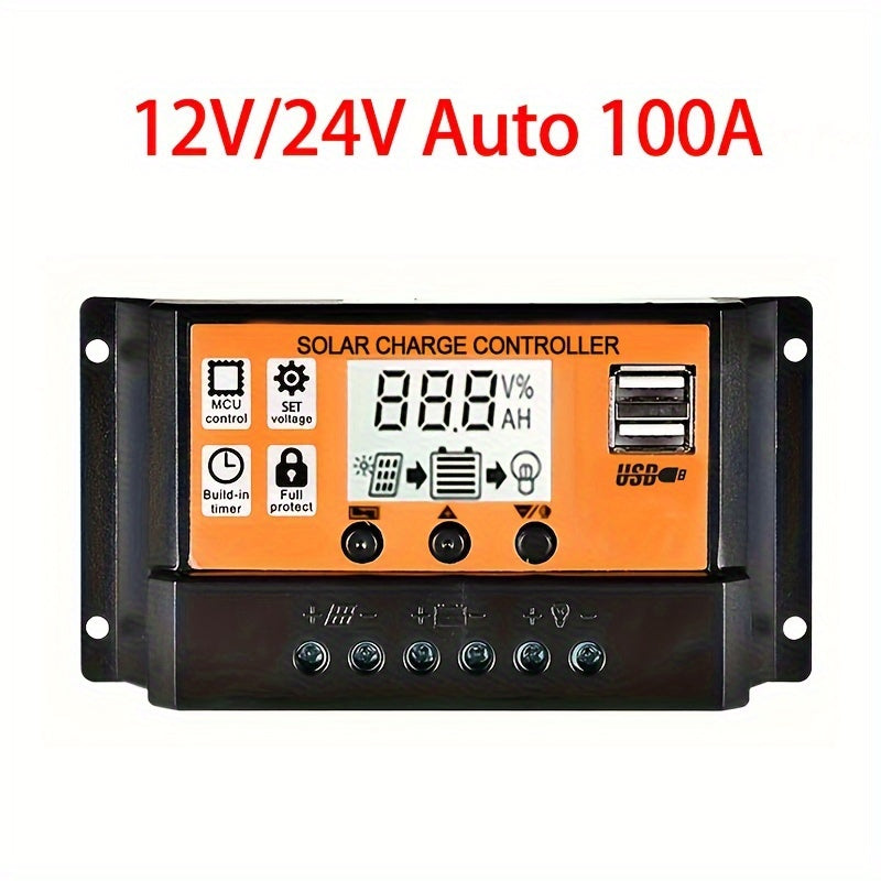 1pc Solar Charge Controller, 100A High Efficiency, 12V/24V Solar Panel Power Supply with 10A-100A Range, Hard-Wired, Accepts Below 50V, for Off-Grid Systems & Solar Panels.