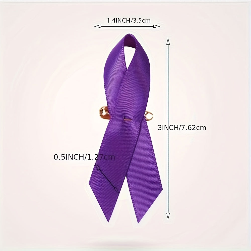 100 purple ribbon pins designed for raising awareness for pancreatic cancer, domestic violence, lupus, Alzheimer's, and cancer consciousness. These safety pin brooches are perfect for charity public events and serve as women's novelty accessories in a