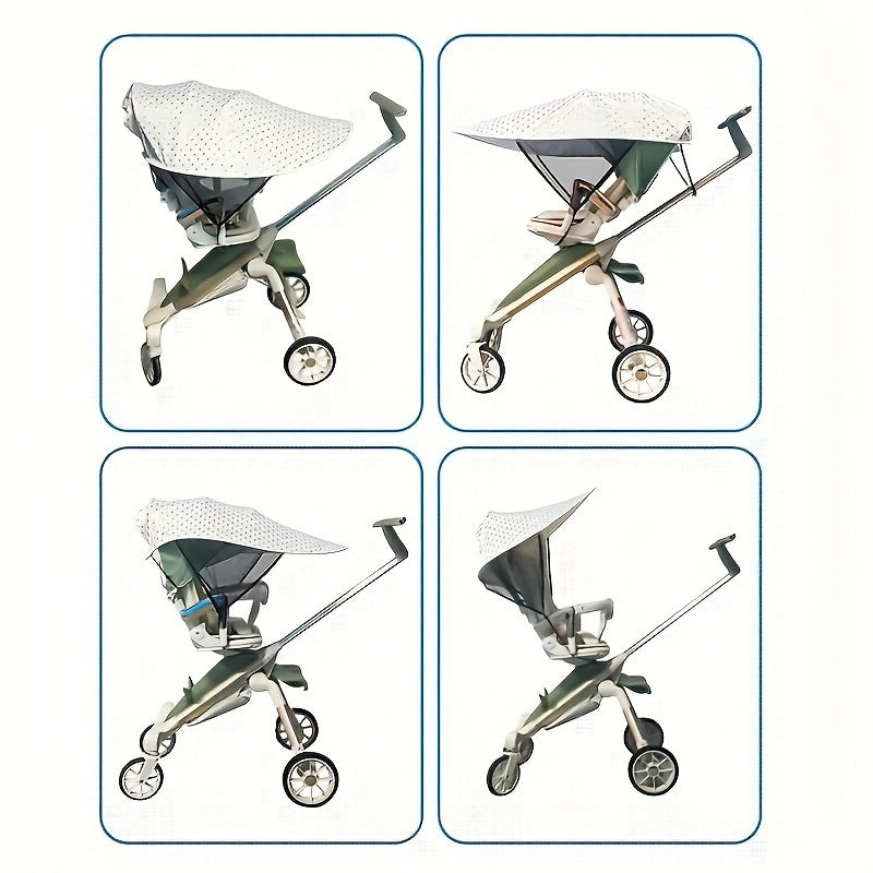 Detachable stroller sunshade shields from wind and UV rays.