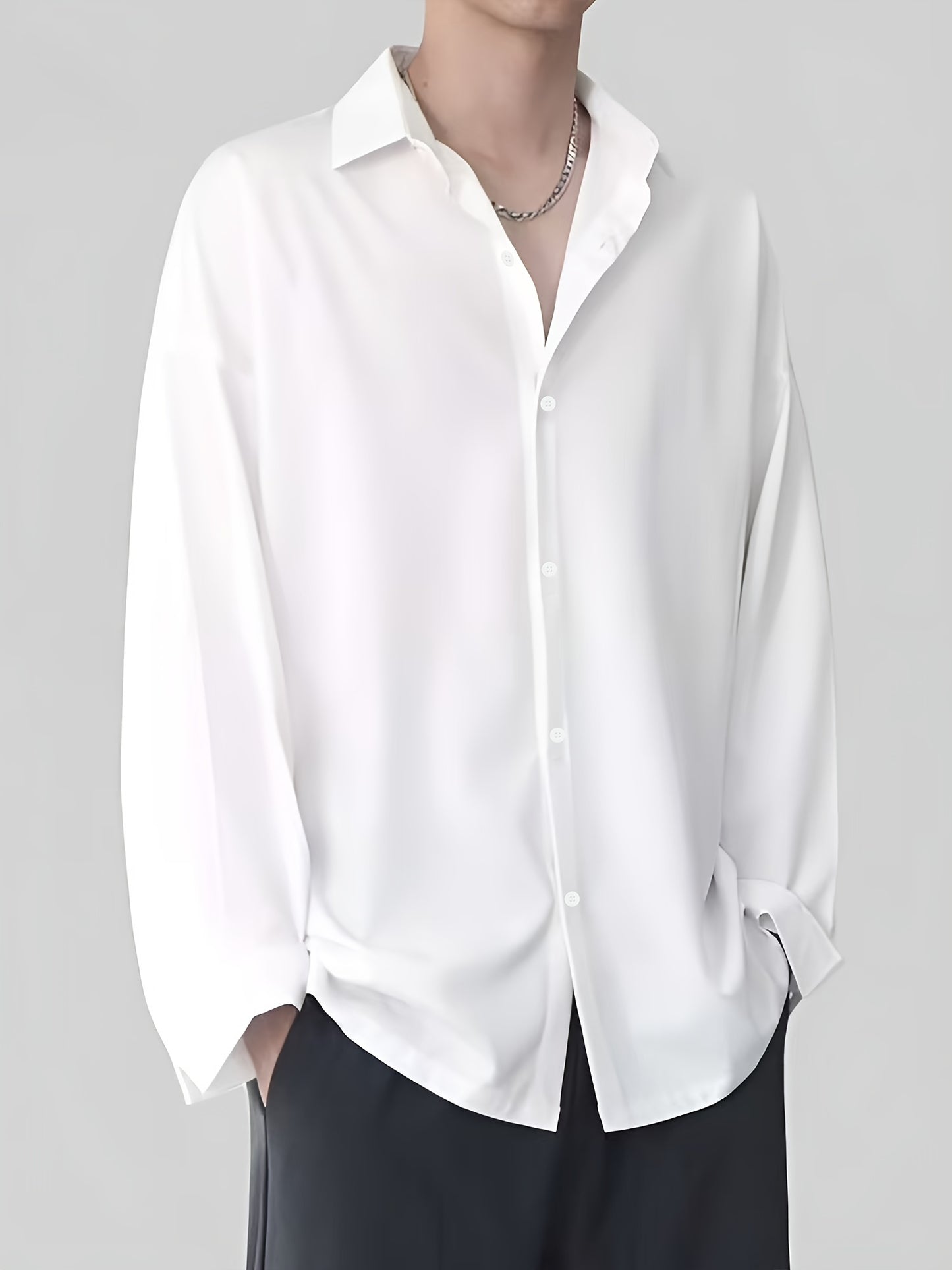 Men's professional solid color long sleeve shirt suitable for business formal and casual wear. Made of polyester, non-stretch, semi-sheer with lapel collar. Ideal for spring/fall workwear.