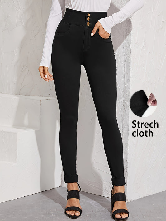 Women's elegant high-waist skinny jeans in stretch denim with button detail, machine washable