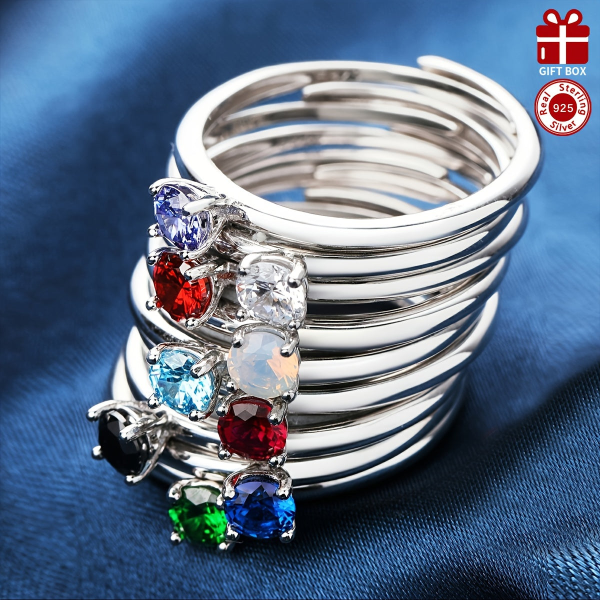 1 piece of low allergy 925 pure silver set with small zirconia stones and stackable design, featuring 12 birthstone options in an open wedding ring. The silvery set has a total weight of 1.26g, with the ring alone weighing 1.35g. This simple and elegant