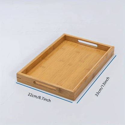 Bamboo serving tray with handles for eating, working, and storing in various locations.