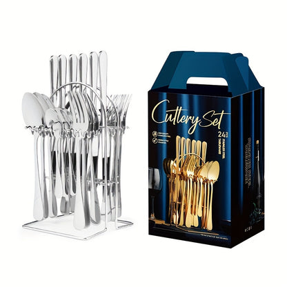 24-piece Golden Stainless Steel Cutlery Set with Metal Stand - Includes Steak Knives, Forks, Spoons - Ideal for Home, Restaurant, Party, Wedding.