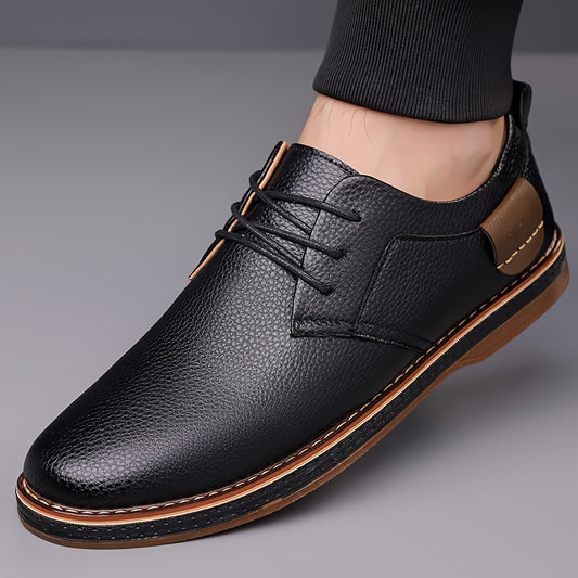 Men's fashion street style dress shoes with solid color microfiber synthetic upper, round toe, rubber sole, lining & insole, low top lace-up for daily & casual wear in spring/fall season.