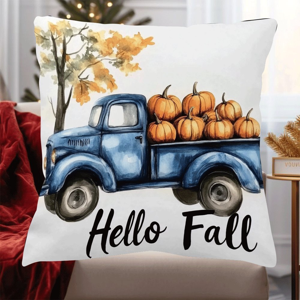 Modern Flannel Pillow Cover, 45.72X45.72 cm, Blue Truck and Pumpkin Design, Zipper Closure, Machine Washable, All-Season Comfort for Back Sleepers - Decorative Cushion Case for Home, Bedroom, Camping (1pc, Insert Not Included)