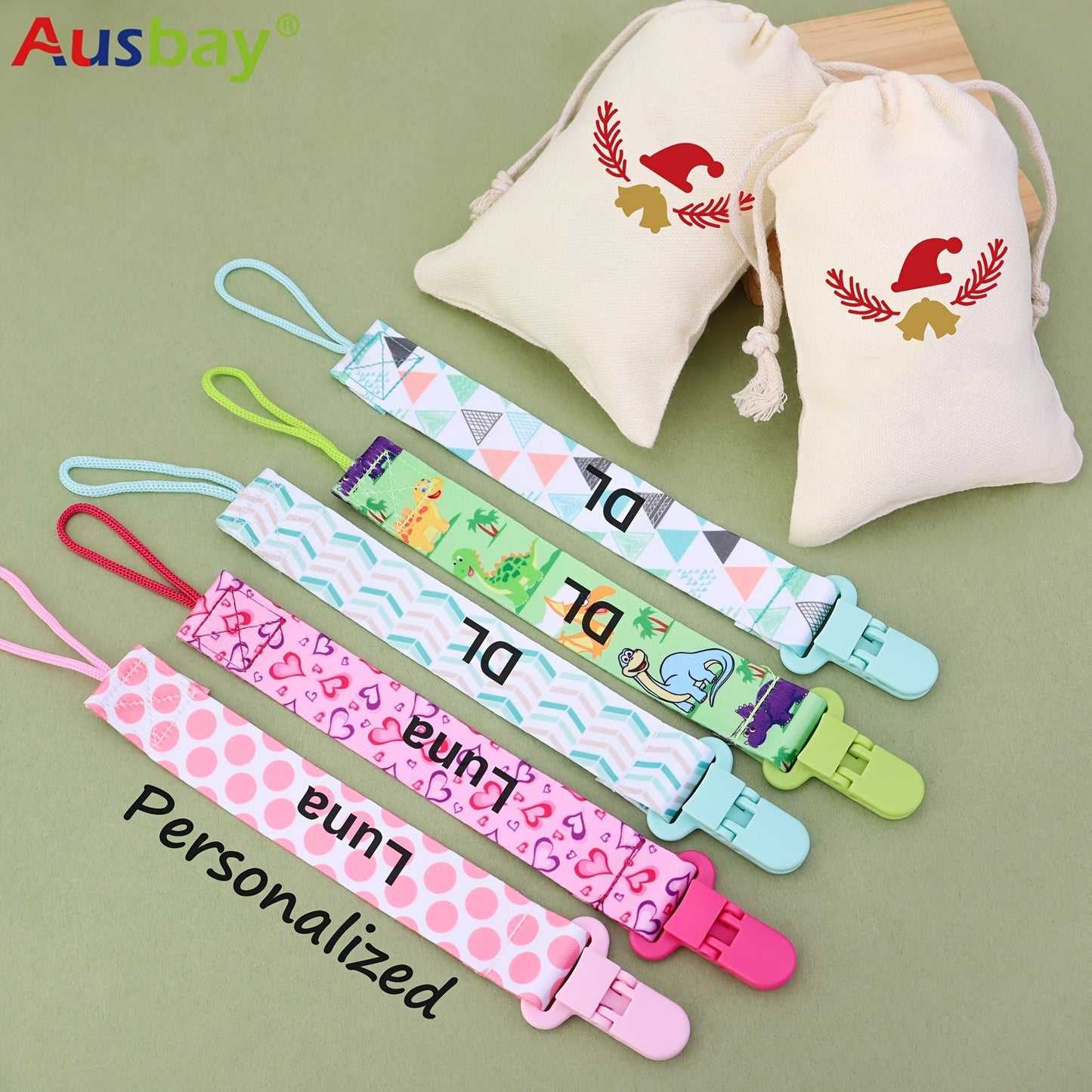 Personalized Baby Pacifier Holder Clips in Custom Gift Bags for Boys & Girls with Cute Patterns, Perfect for Halloween, Christenings, Thanksgivings, and Christmas Gifts