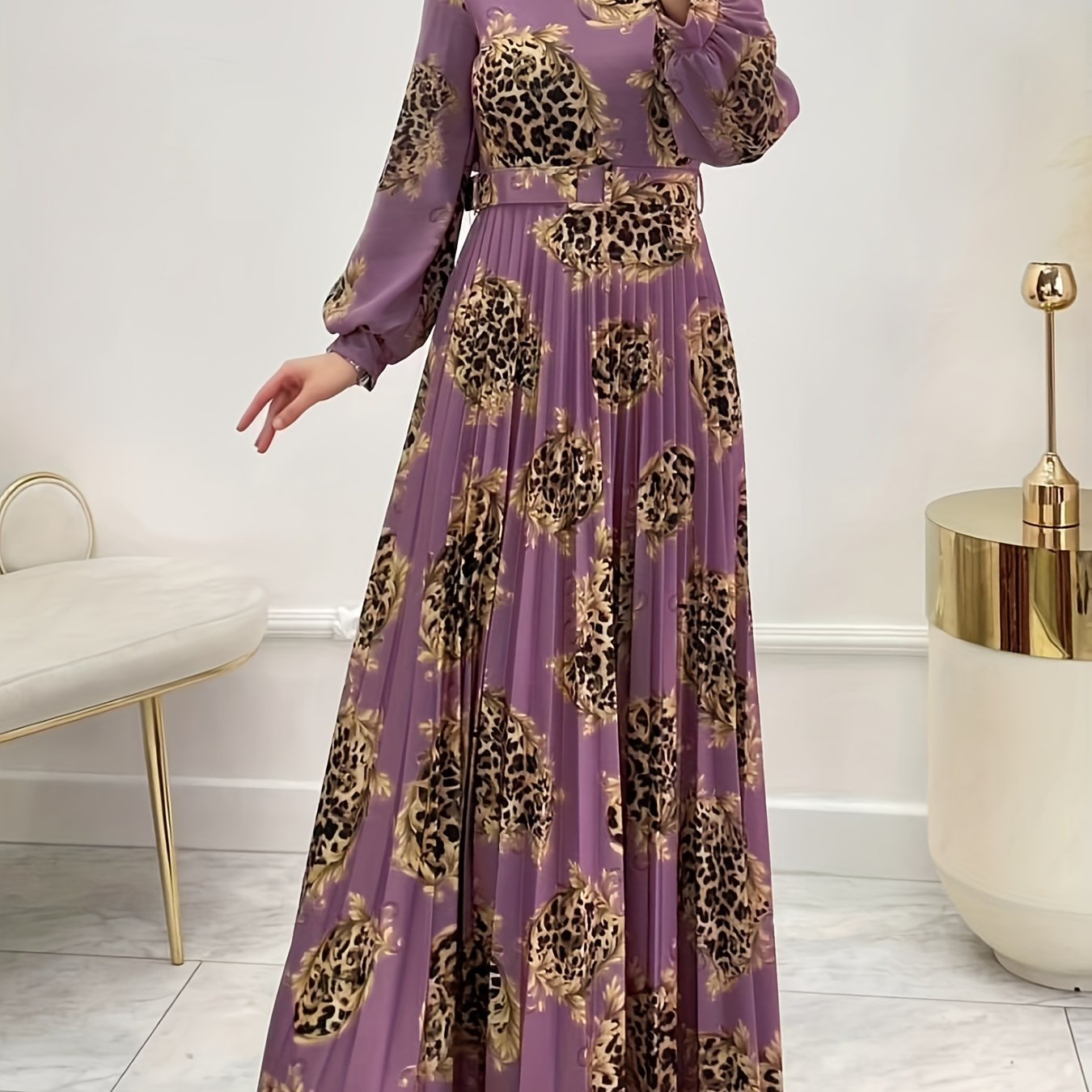 Leopard Print Crew Neck Abayas Dress, Elegant Long Sleeve Maxi Length Women's Clothing