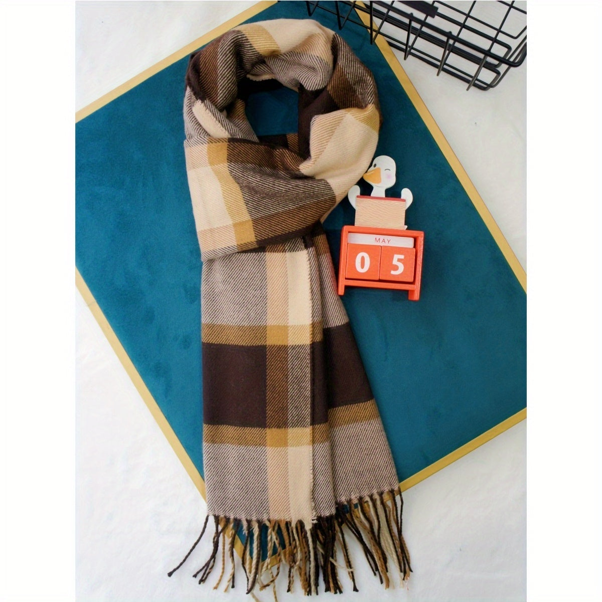 A cozy British-inspired winter shawl for both men and women, featuring multicolored stripes, checkered pattern, imitation cashmere material, fringe accents, and a warm woolen scarf.