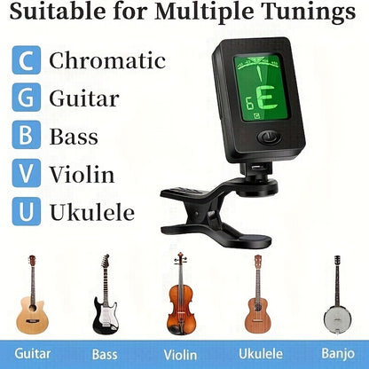 Buzz-Free Guitar Tuner Clip with Quick Release, 6 Colorful Picks & Capo – Durable Aluminum Alloy, LCD Display for Acoustic Guitar, Bass, Violin, and Ukulele