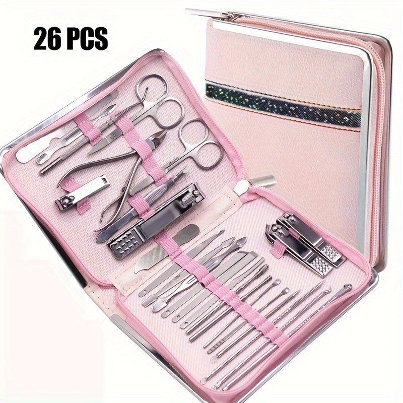 Nail clipper kit with 26 pieces for men and women, includes ear spoon and nail files.