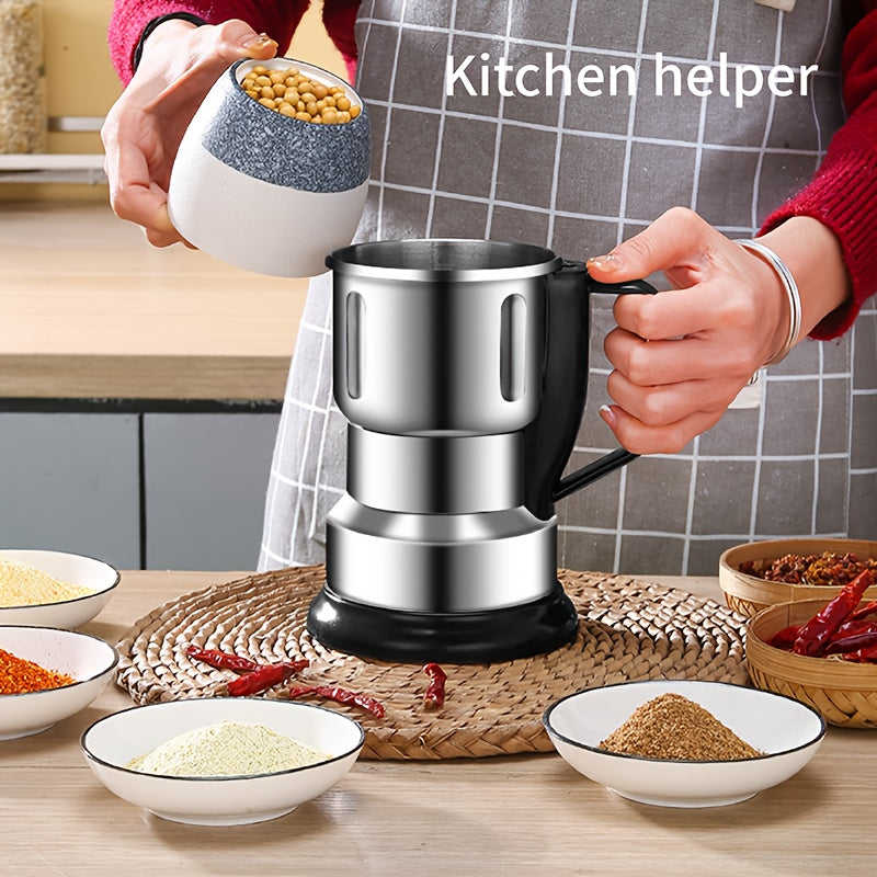 Electric grinder for coffee, spices, and grains with one-touch operation, overheat protection, precision grinding, and easy storage. 220V US plug.