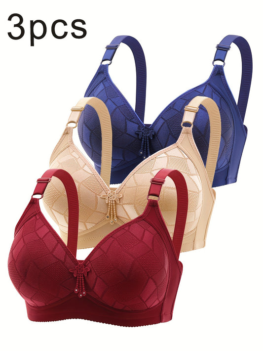 3pcs Women's Plus Elegant Bra with Geo Pattern and Push Up Design