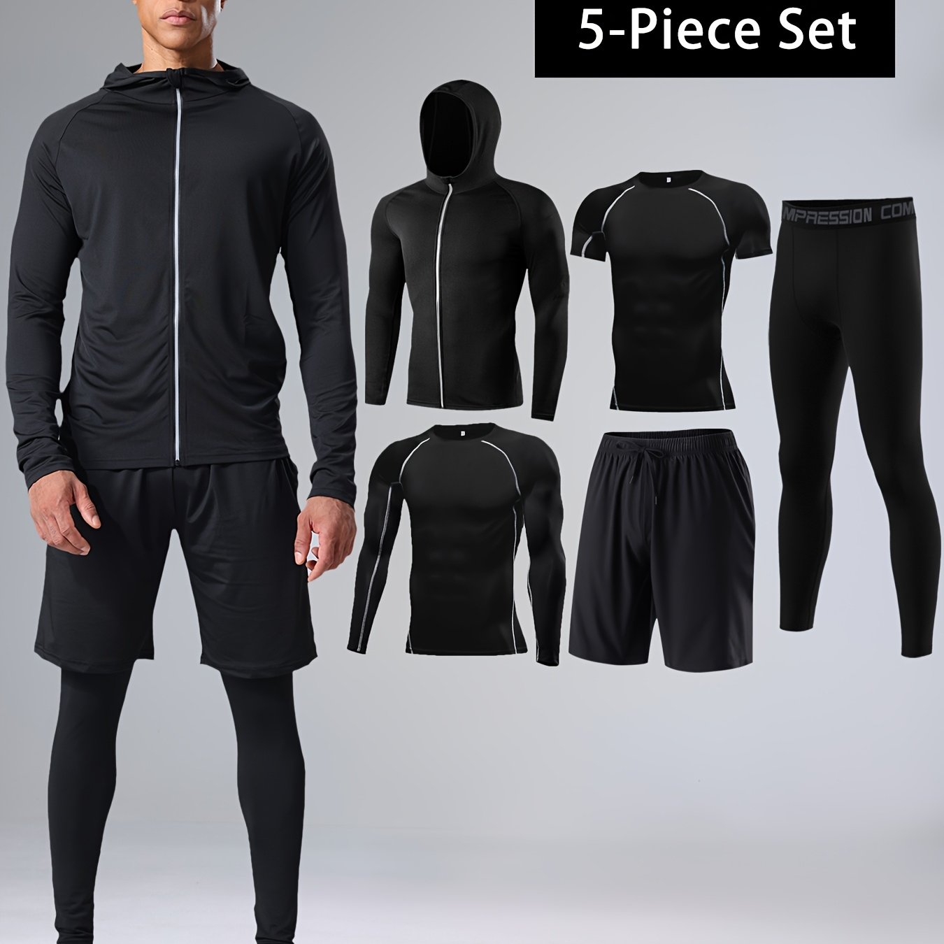 Men's 5-piece Athletic Set for Basketball & Fitness: High-Elasticity, Quick-Dry Compression Gear with Long Sleeve Top, Shorts, Leggings, Vest & Tee