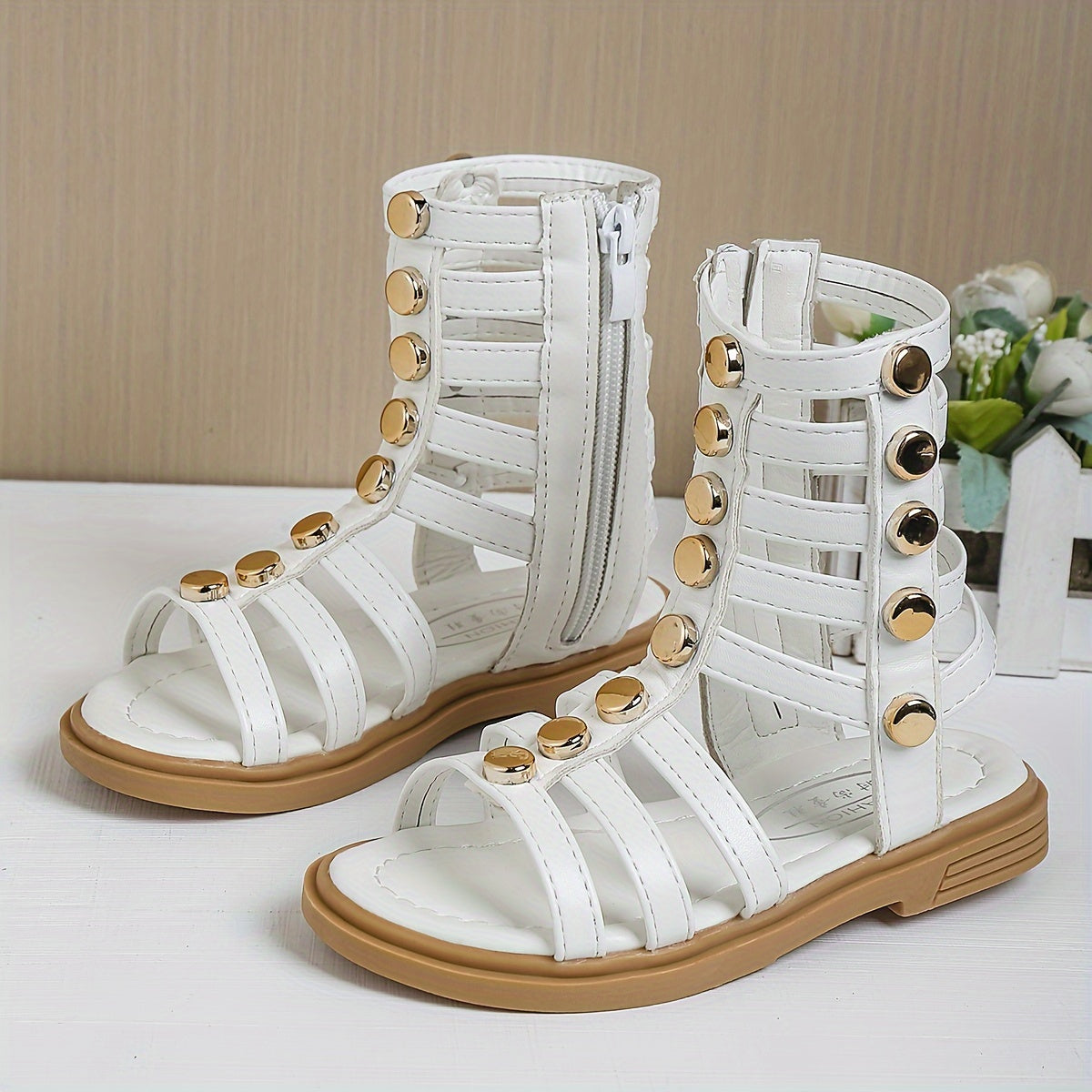 1 Pair of Fashion Rivet Buckle Sandals with Geometric Pattern, Back Zipper, Synthetic Faux Leather Upper and Rubber Sole for Spring/Summer Wear.