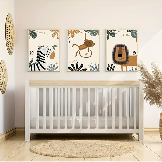 Bohemian Safari Animal Wall Art Prints Set featuring Lion, Monkey, and Zebra - 3 pieces, Frameless, Reusable, Made from Plant Materials, Perfect for Children's Bedroom & Nursery Decor, Canvas Posters for Home Living Space, Suitable for Ages 14 and Up.