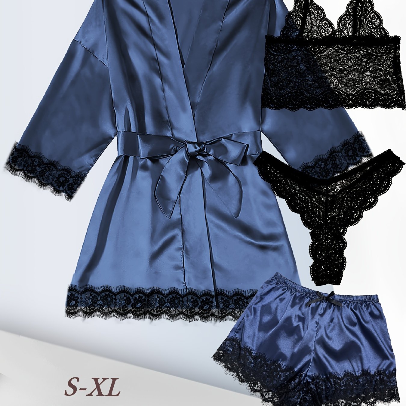 Satin lounge set with lace, robe, cami bra, thongs, and shorts for women.