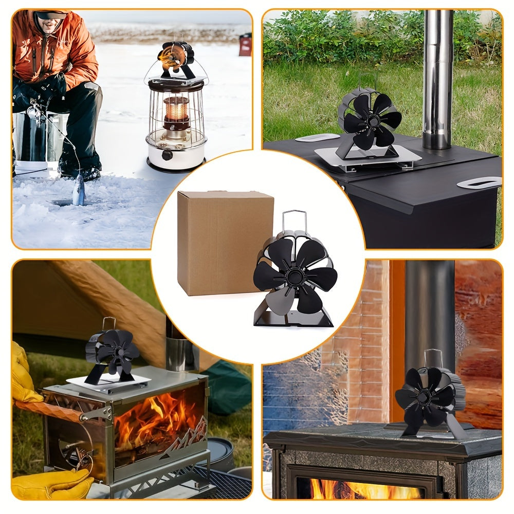 Silent 6-Blade Fireplace Fan - Powered by Heat, Eco-Friendly Wood Stove Add-On for Even Heat Distribution, Convenient Portable Design with Temperature Gauge, Black