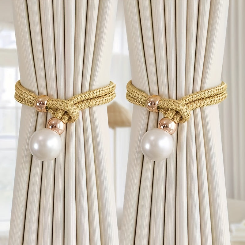 Set of 2 French Curtain Straps Featuring Faux Pearl Decor, Perfect for Home Decoration. Use these Faux Beads Curtain Straps to Adjust, Bind, or Tie Back Your Curtains. These Simple Binding Rope Accessories serve as Curtain Holdbacks for a stylish touch.