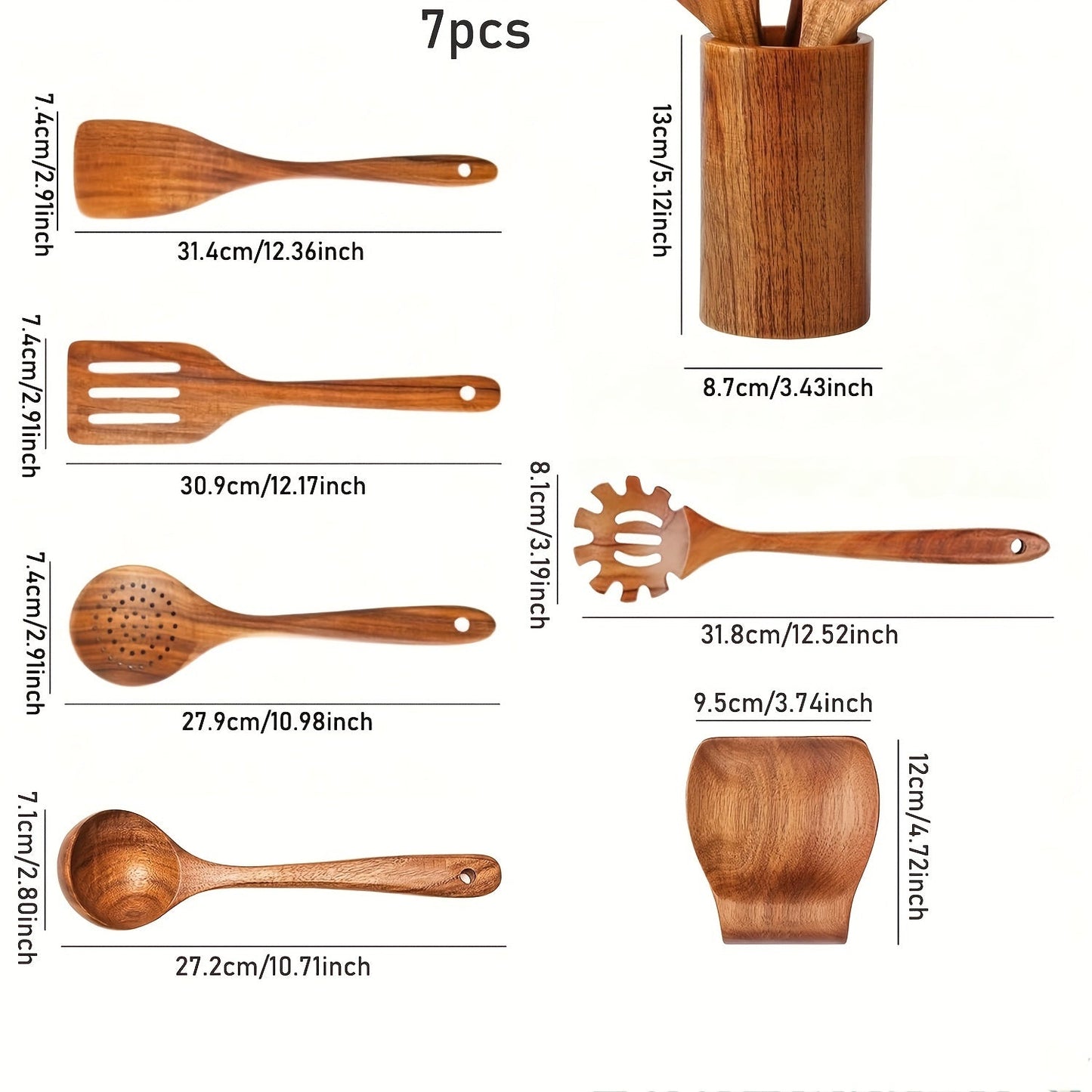 Set of 7 Wooden Kitchen Utensils with Holder - Sturdy, Heat-Resistant Cooking Tools such as Spoons, Spatula & More