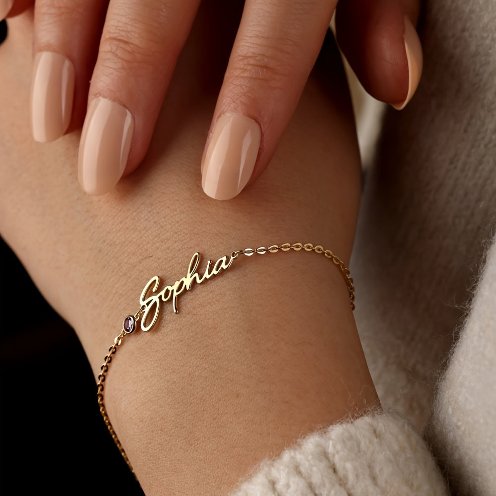 Elegant 18K Golden Plated Stainless Steel Name Bracelet with Synthetic Zirconia, Vintage Style Customized Birthstone Jewelry for Everyday Wear and Special Events