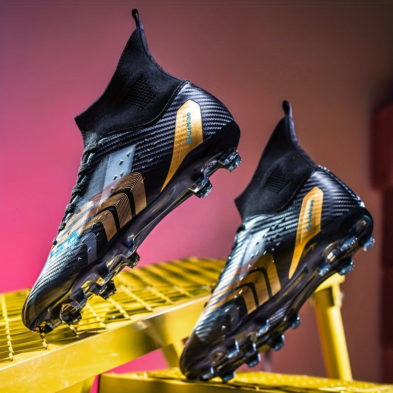 Kids' high-top soccer cleats featuring long studs, anti-slip design, breathable PU upper, TPU sole, and lace-up closure for all sports seasons.