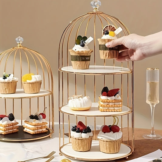 Golden cast iron birdcage cake stand for elegant dessert display in living room, perfect for snacks, fruit, and sweets.