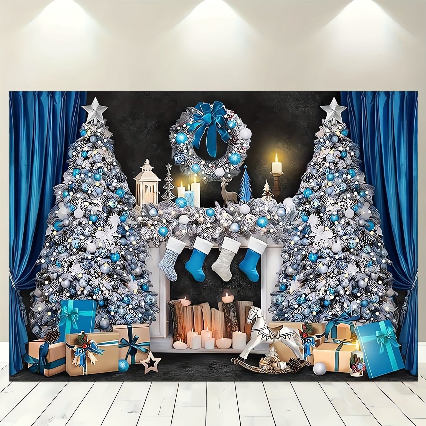 Retro Blue and White Christmas Mantelpiece Scene with Presents and Tree - Ideal for Photo Booths, Events & Decorating Your Home