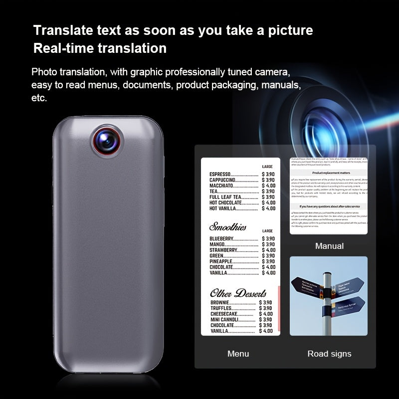 Portable dual-language translator with real-time voice & photo interpretation, supporting 142 online languages and 19 offline. Ideal for travel, business, and study.