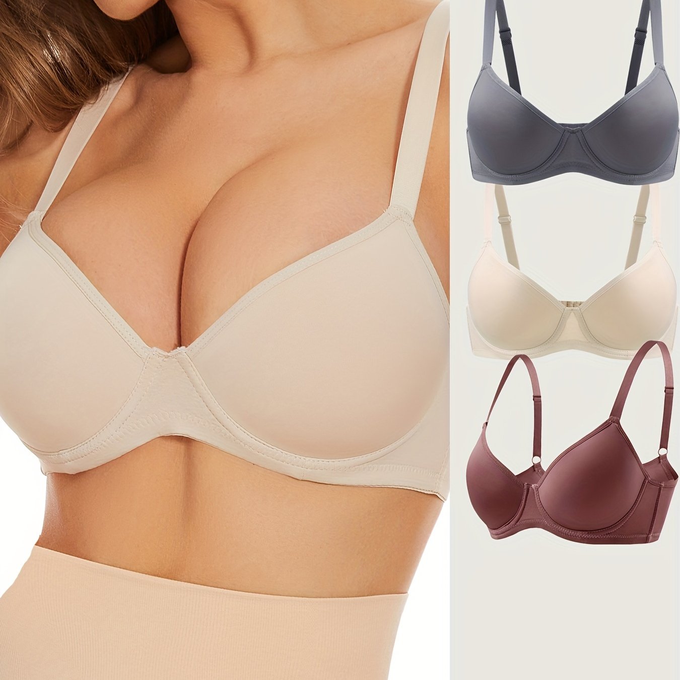 3 Simple Solid Push Up Bras for Everyday Comfort - Women's Lingerie & Underwear