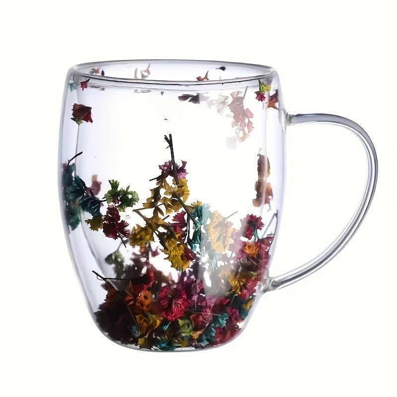 1 Elegant Floral Glass Coffee Mug, 11.83oz Double-Walled Cup with Colorful Flowers, Perfect Gift for Coffee Lovers