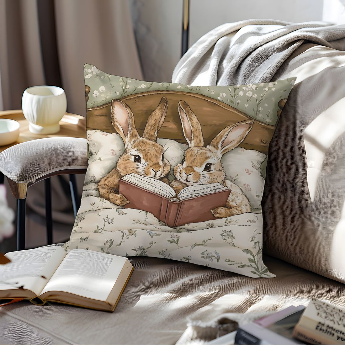 Easter Cartoon Rabbit Storybook Sofa Throw Pillow Cover - Single-sided print, made of peach skin fabric, 45*45cm.