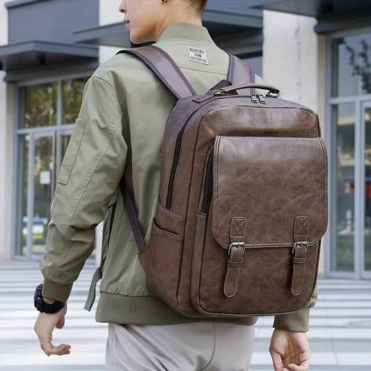 Men's fashion laptop backpack in black, with faux leather soft shell, TSA-compliant, waterproof, magnetic closure, holds 15.6-inch notebook.